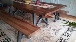 AppWood Custom Table with Character Hickory slab top on industrial steel base with matching benches