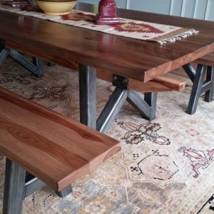 AppWood Custom Table with Character Hickory slab top on industrial steel base with matching benches