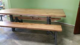 AppWood Custom Table with Character Hickory slab top on industrial steel base with matching benches