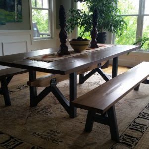 AppWood Custom Table with Character Hickory slab top on industrial steel base with matching benches