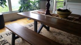 AppWood Custom Table with Character Hickory slab top on industrial steel base with matching benches