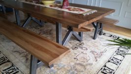 AppWood Custom Table with Character Hickory slab top on industrial steel base with matching benches