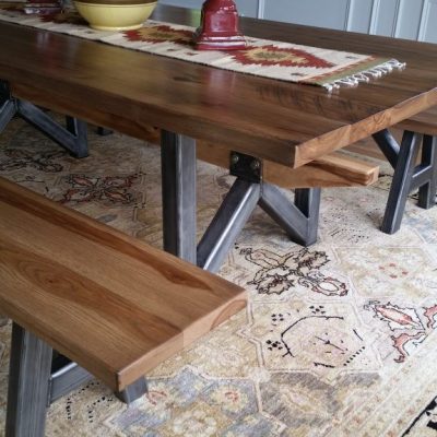 AppWood Custom Table with Character Hickory slab top on industrial steel base with matching benches